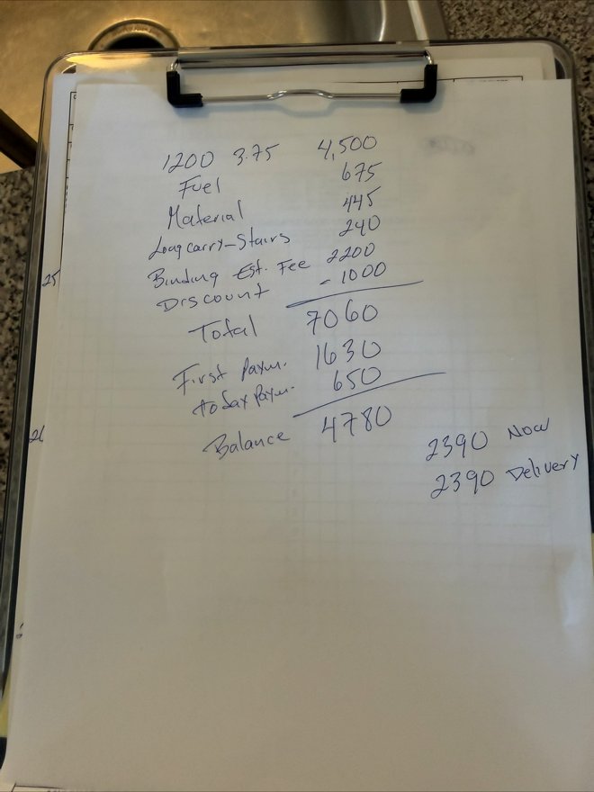Handwritten note on a clipboard: 1200 at 3.75 equals 4,500; Fuel 675; Material 445; Long carry-Stairs 240; Binding Est. Fee 2200; Discount minus 1000; Total 7060; First paym. 1630; today paym. 650; Balance 4780; 2390 Now, 2390 Delivery