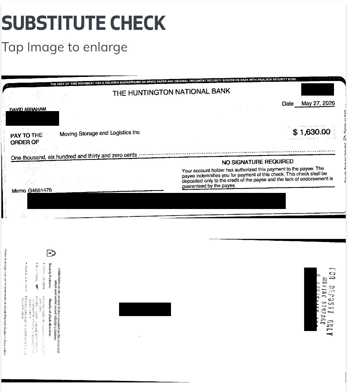 Huntington National Bank substitute check dated May 27, 2026 for $1,630.00, payable to Moving Storage and Logistics Inc, memo G4661476, marked no signature required, with a payee deposit stamp reading For Deposit Only, Moving Storage and Logistics Inc. Address, check number, account and routing numbers redacted.